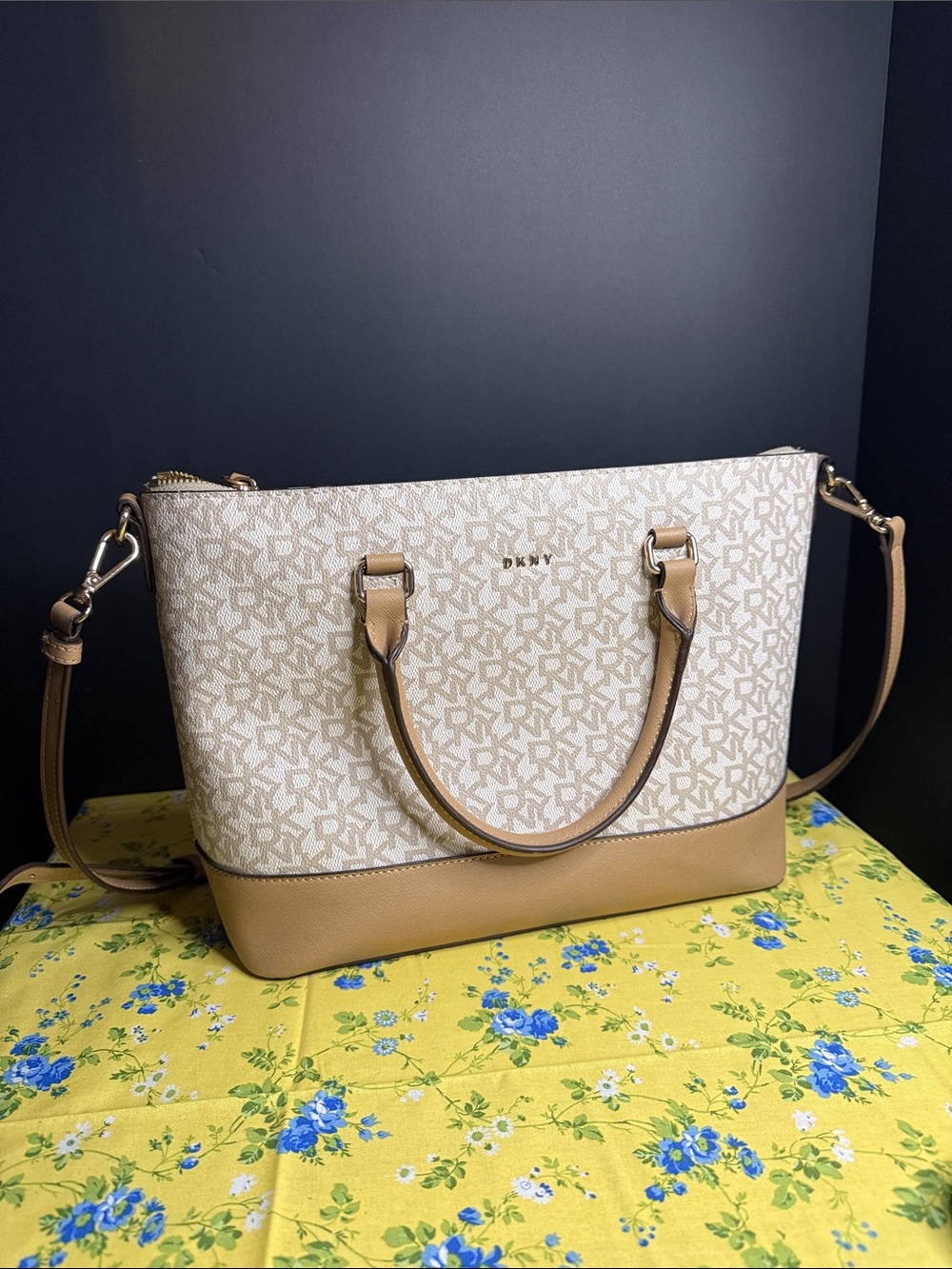 DKNY Beige Monogram Tote with Tan Leather Base